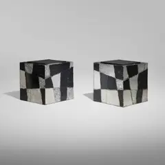 Argente cube tables model PE 37, pair by Paul Evans, c. 1970, welded and patinated aluminum, slate, sold Oct 2026