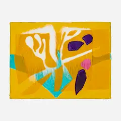 Untitled/IPCNY by Jessica Stockholder, 2001, wood engraving in colors, embossment, fake fur, yellow Lake Como silk and upholstery, sold Oct 2026