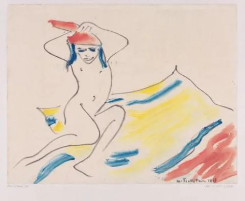 Max Pechstein, Zittend naakt meisje op een gekleurd gestreepte mat