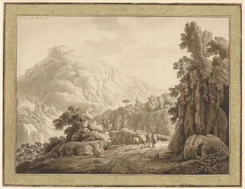 Jacob Philipp Hackert, Romeins landschap met bergweg waarop twee mannen met een muilezel