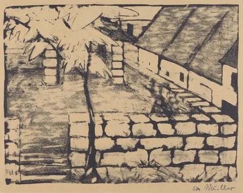 Otto Mueller, Courtyard with Tree and Houses (Ummauerter Hof mit Baum und Dachern)