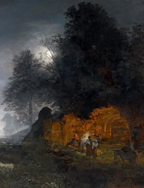 Oswald Achenbach, Ruins Landscape with Shepherds around a Campfire