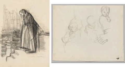 Käthe Kollwitz, Pregnant Woman Contemplating Suicide (recto) Three Studies of a Child (verso)