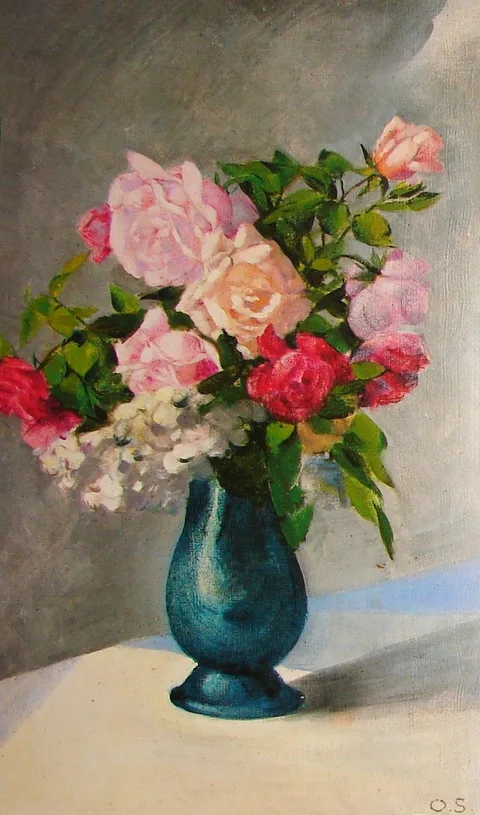Oskar Schlemmer, A vase of gladiolus and dalias