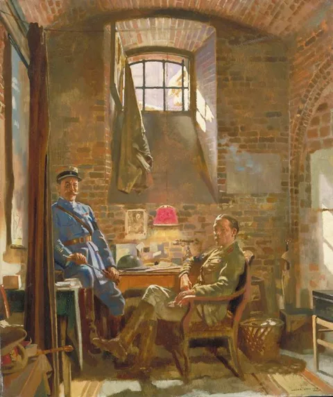 William Orpen, In Their Cellar in Amiens: Captain R. Maude, Department of the Army, Provost Marshal General, Awarded the Croix de Guerre by the French Authorities, and Colonel Du Tiel, Commandant d'Armes, Amiens