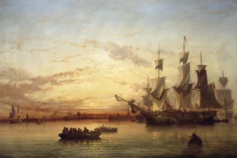 Edwin Hayes, An Emigrant Ship, Dublin Bay, Sunset