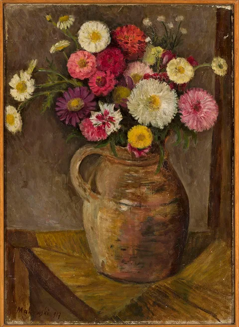 Tadeusz Makowski, Asters and zinnias in a clay jug
