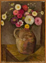 Tadeusz Makowski, Asters and zinnias in a clay jug
