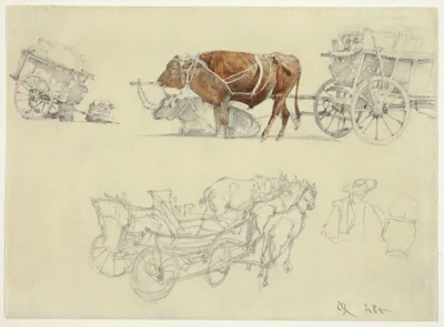 Rudolf von Alt, Studies of Slovakian Peasant Wagons with Oxen and Horses