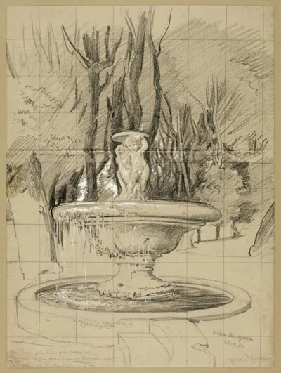 Hans Thoma, Fountain with Putti in the Garden of the Villa Borghese