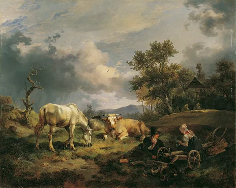 Friedrich Gauermann, Cow shepherds resting in the meadow next to their cows