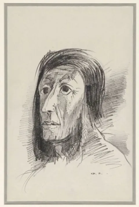 Odilon Redon, Door zwart haar omlijste kop met wijd opengespalkte ogen