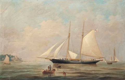 Haughton Forrest, The R.Y.S. schooner Gelert coming into Cowes Roads, with the Royal Yacht Squadron on the headland beyond