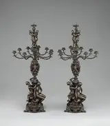 Antoine-Louis Barye, Pair of Nine Light Candelabra with Six Figures, Masks, and Chimeras