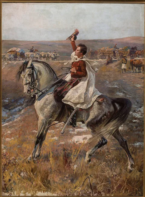 Jan Styka, Portrait of Sándor Petőfi on horseback against the encampment.