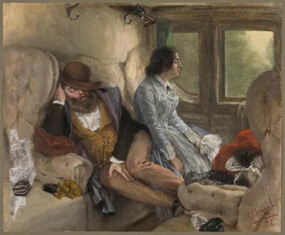 Adolph von Menzel, In a Railway Carriage (After a Night's Journey)