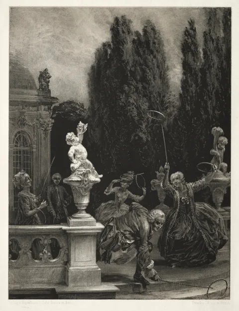 Adolph von Menzel, Essay on Stone with Brush and Scraper:  Playing at Hoops on the Castle Terrace
