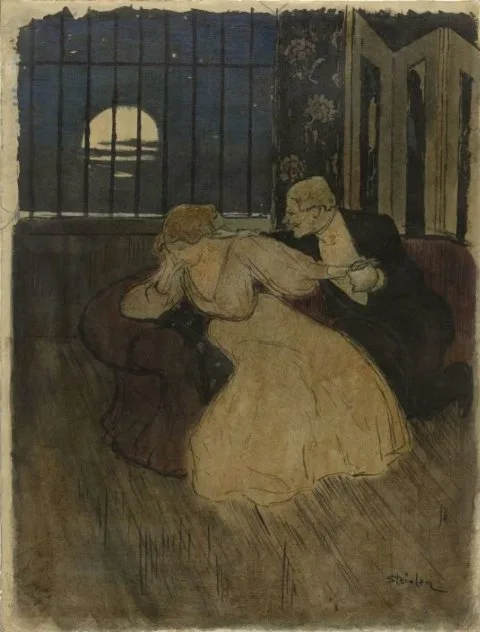Théophile Steinlen, Heer in rok tracht een twijfelende dame op een sofa te overreden
