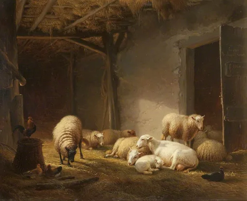 Eugène Verboeckhoven, A Sunlit Barn with Ewes, Lambs and Chickens