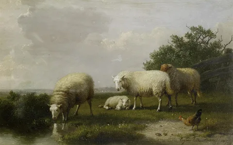 Eugène Verboeckhoven, Sheep grazing on a riverbank