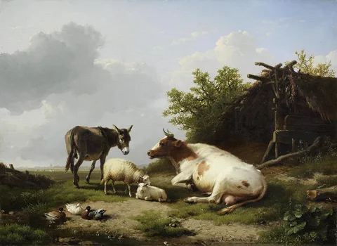 Eugène Verboeckhoven, Farm animals by a field shelter