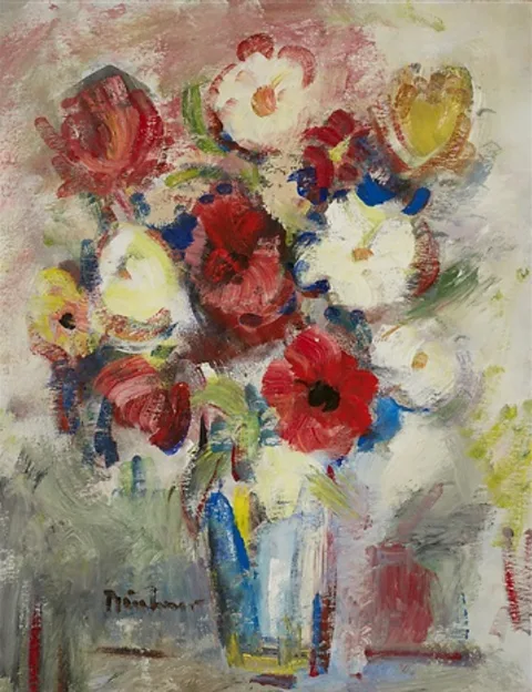 Carl Buchner, Still life with flowers in a glass vase.