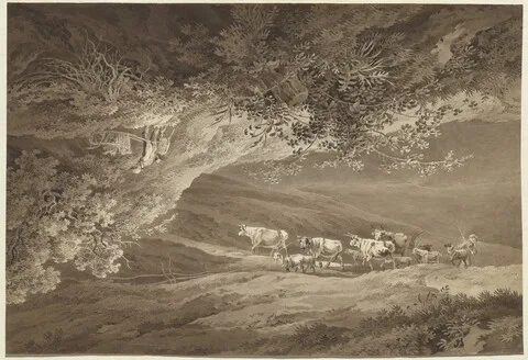 Adrian Zingg, A Landscape with a Herd of Cows and Goats, Surmounted by Another Landscape, Upside-down, with a Man Pushing a Wheelbarrow