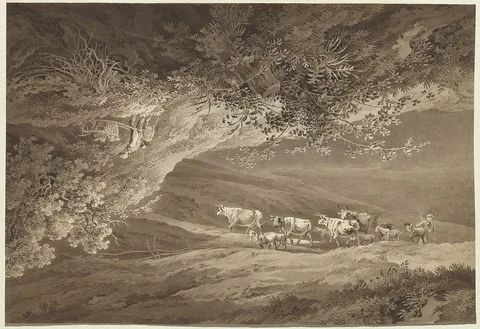 Adrian Zingg, A Landscape with a Herd of Cows and Goats, Surmounted by Another Landscape, Upside-down, with a Man Pushing a Wheelbarrow