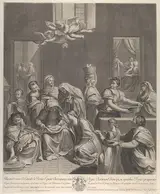 Étienne Picart, The birth of the Virgin; woman seated with an infant in her lap, numerous women surrounding her, angels above, after Reni