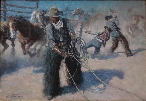 N. C. Wyeth, Roping Horses in the Corral