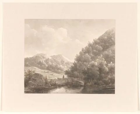 Andreas Schelfhout, Berglandschap met beekje, herder en schapen