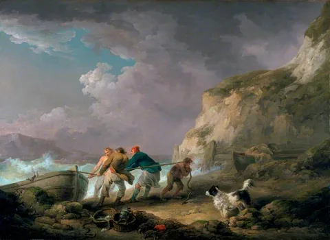 George Morland, Seashore: Fishermen Hauling in a Boat