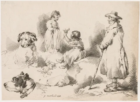 George Morland, Studies of Children (Two Little Girls); Two Dogs; A Man