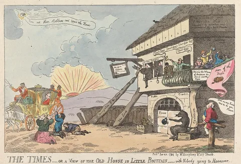 James Gillray, The Times - or a View of the Old House in Little Brittain - with Nobody Giving to Hannover