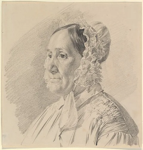 Ferdinand Georg Waldmüller, Portrait of a Woman in a Lace Bonnet, in three-quarter profile to the left