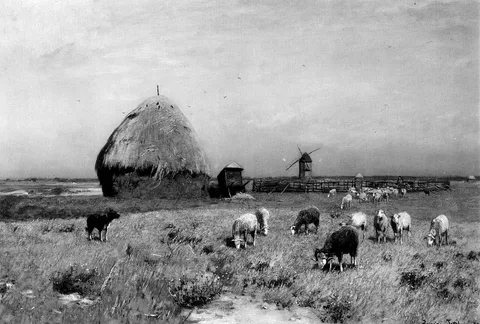 Eugen Jettel, Landscape near Cayenz with a Sheepdog and Flock
