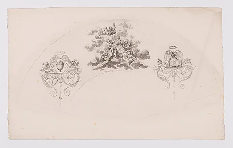 Daniel Nikolaus Chodowiecki, Fan leaf depicting the Apotheosis of Frederick II of Prussia met by Jupiter, Mars, and Apollo