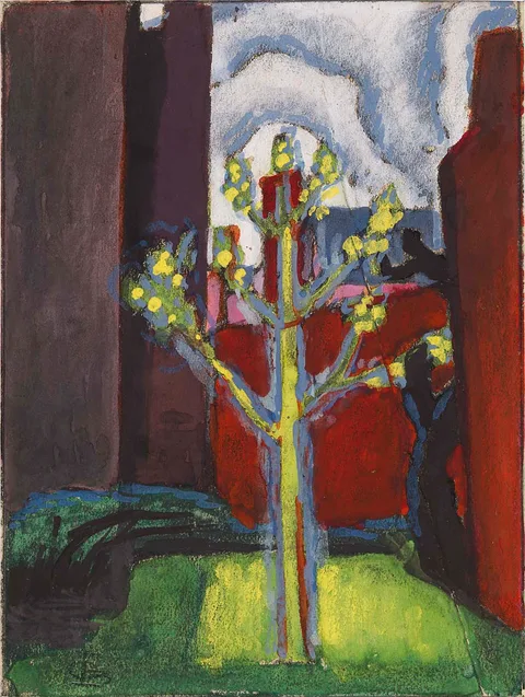 Oscar Florianus Bluemner, Young Tree in Red Courtyard