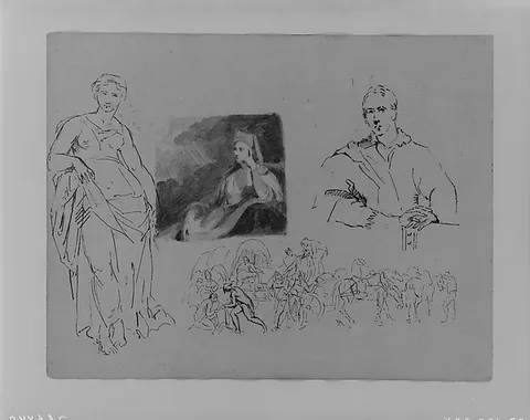 Thomas Sully, Standing Draped Female Figure; Portrait of a Cleric; Half-length Portrait of a Man; Figures with Wagons and Horses (Napoleon Scene?) (from Sketchbook)