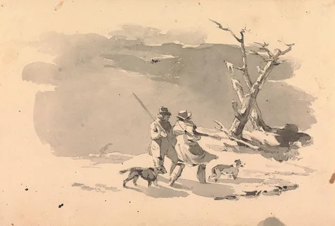 Thomas Sully, Two Hunters and Two Dogs in Winter Scene