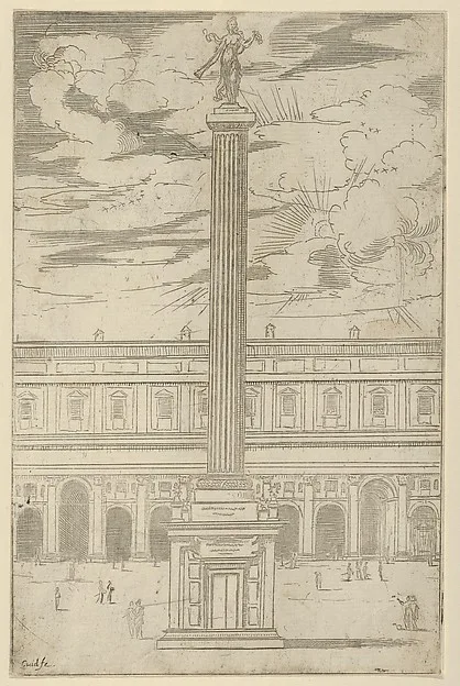 Guido Reni, Triumphal column with female figure of Fame holding a trumpet at the top, a temporary decoration for the entry of Pope Clement VIII in Bologna in 1598
