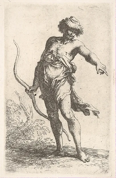 Salvator Rosa, A partially dressed man holding a bow in his left hand and pointing with his right, from "Figurine"