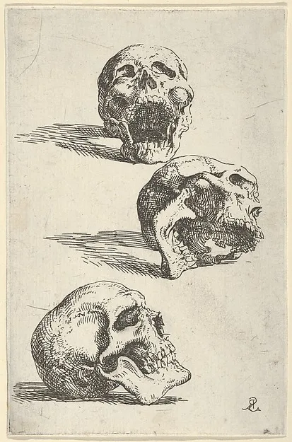 Salvator Rosa, Three human skulls, study for "Democritus in Meditation"