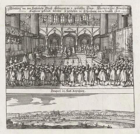 Matthäus I Merian, Krönung von Eleonora von Gonzaga, Gemahlin Kaiser Ferdinands III., zur Römisch-Deutschen Kaiserin ; Ansicht von Regensburg (Coronation of Eleonora von Gonzaga, wife of Emperor Ferdinand II, as Empress, with a View of Regensburg)