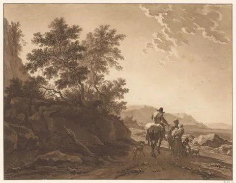 Wilhelm von Kobell, Landschap met ruiter die een aalmoes geeft aan een man met familie op een pad langs de kust