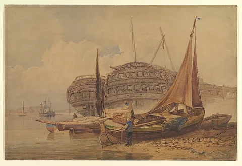 Samuel Prout, Coastal Scene with Beached Boats in Foreground