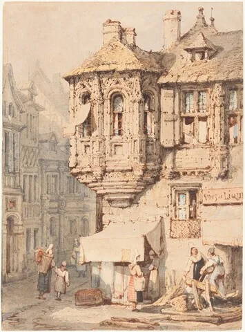 Samuel Prout, French Street Scene with a Medieval Turret