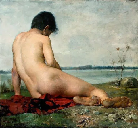 Maurycy Trębacz, Male nude in a landscape