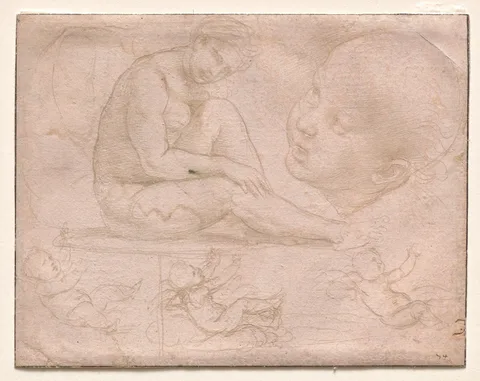Raphael, Studies of a Seated Female, Child's Head, and Three Studies of a Baby