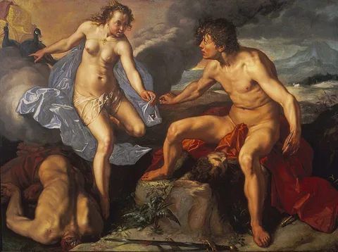 Hendrik Goltzius, Juno Receiving the Eyes of Argus from Mercury